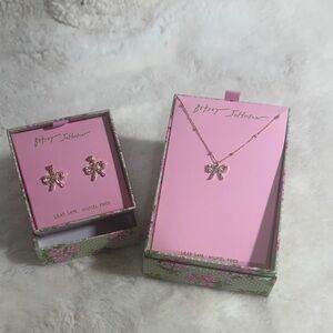 Betsey Johnson CZ bow gold necklace and matching earrings bundle